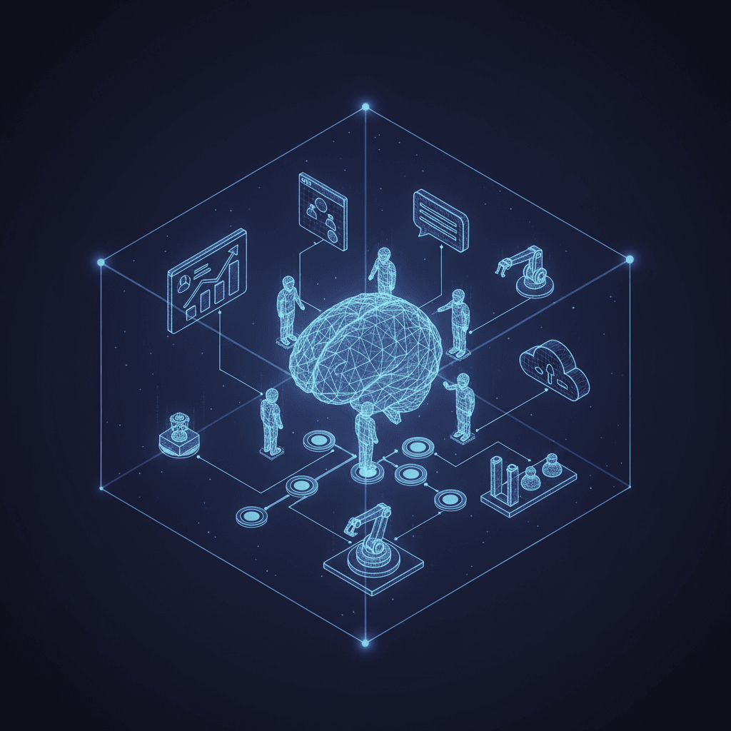 Illustration of an artificial intelligence agent connecting business applications on a digital dashboard