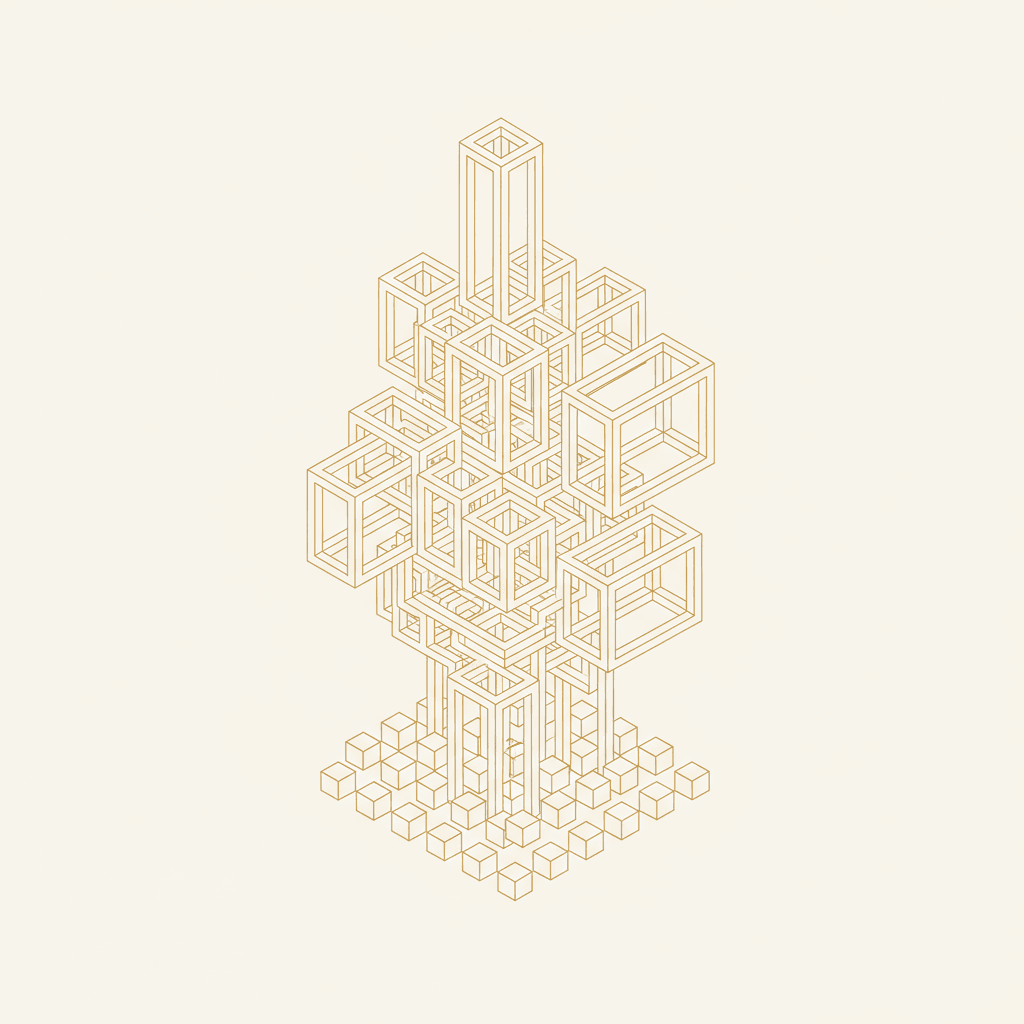 Ilustración minimalista con líneas doradas formando una estructura isométrica que se expande hacia arriba, representando crecimiento y escalabilidad