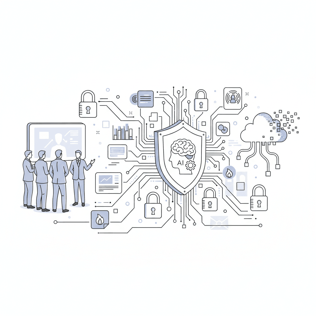 Candado digital sobre un flujo de datos representando la protección de información sensible en sistemas de inteligencia artificial