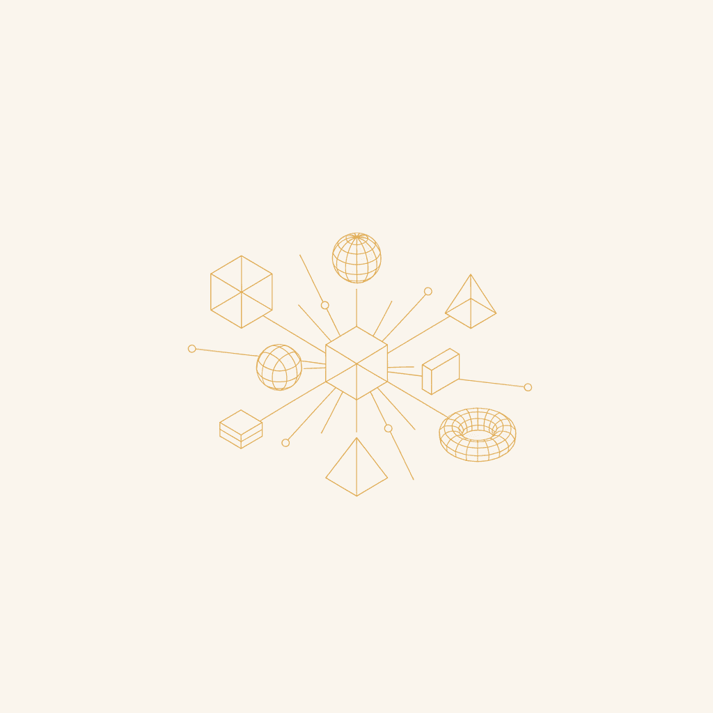 Ilustración minimalista con líneas doradas formando nodos isométricos interconectados, representando la integración entre sistemas empresariales