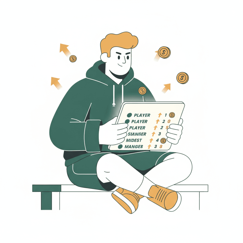 Ilustración plana de un mánager de fantasy revisando una lista de jugadores baratos con flechas de precio