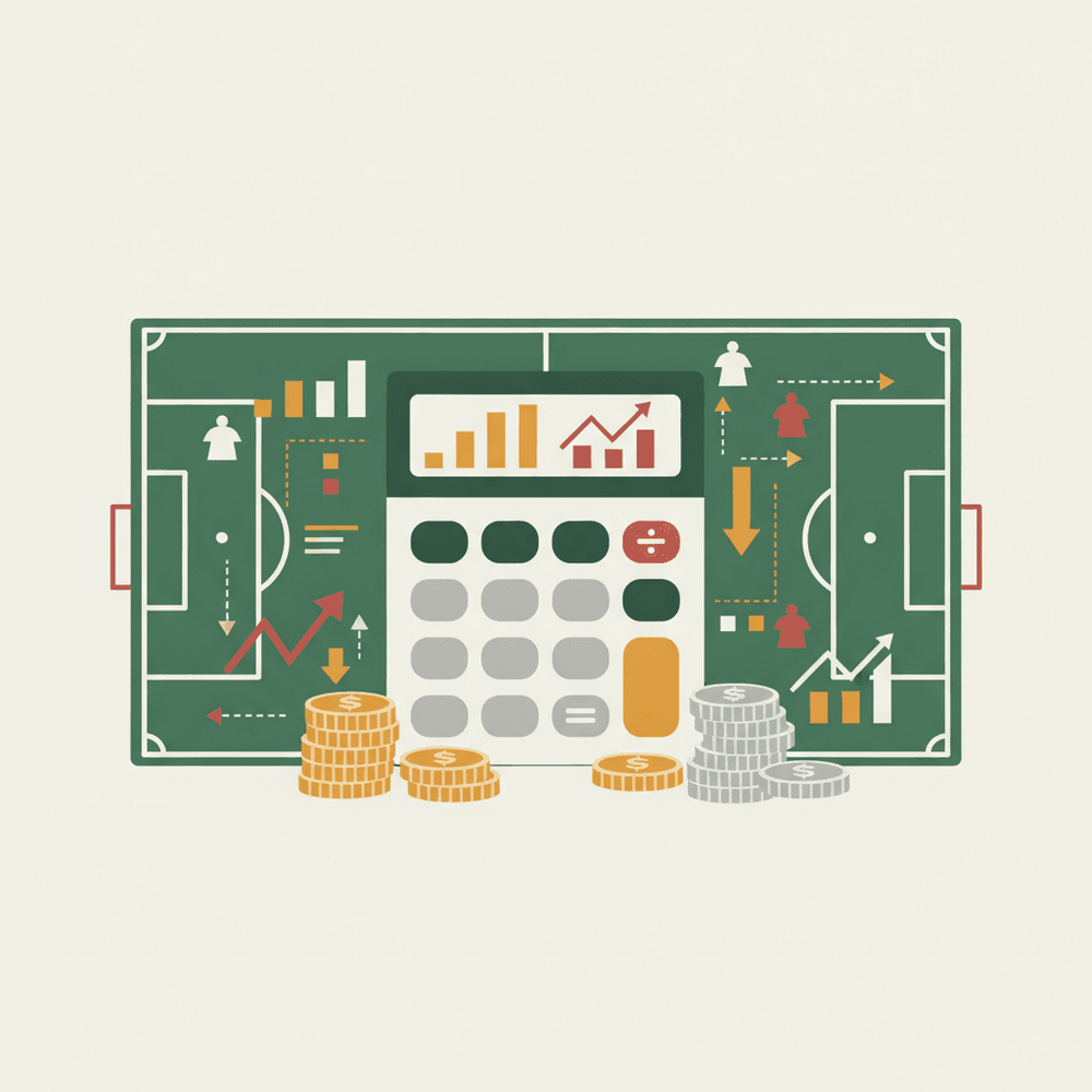 Ilustración plana de una calculadora y monedas sobre un campo de fútbol, representando el cálculo de la puja máxima en Biwenger