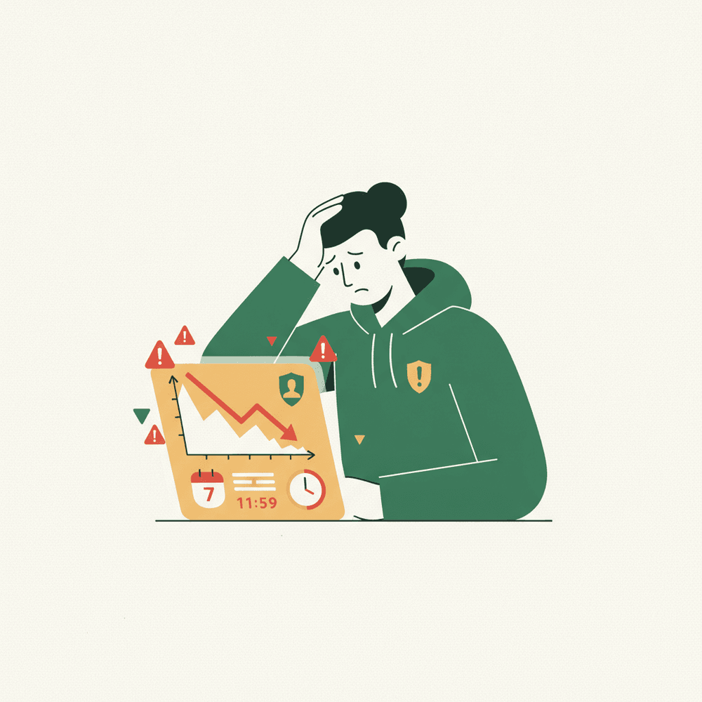 Ilustración plana de un manager de fantasy mirando un gráfico de precios con flecha hacia abajo y señales de alerta