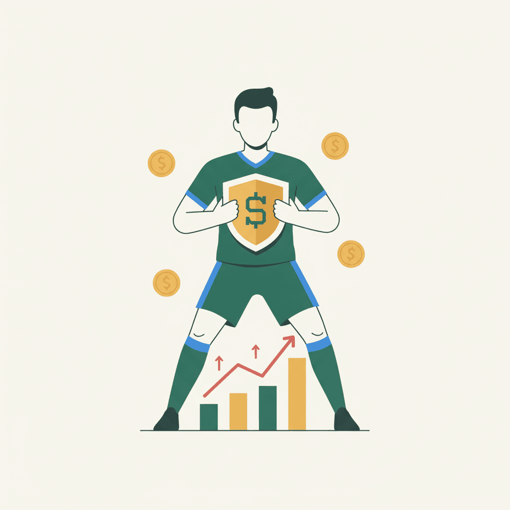 Ilustración plana de un defensa de fútbol fantasy con monedas y gráfico ascendente
