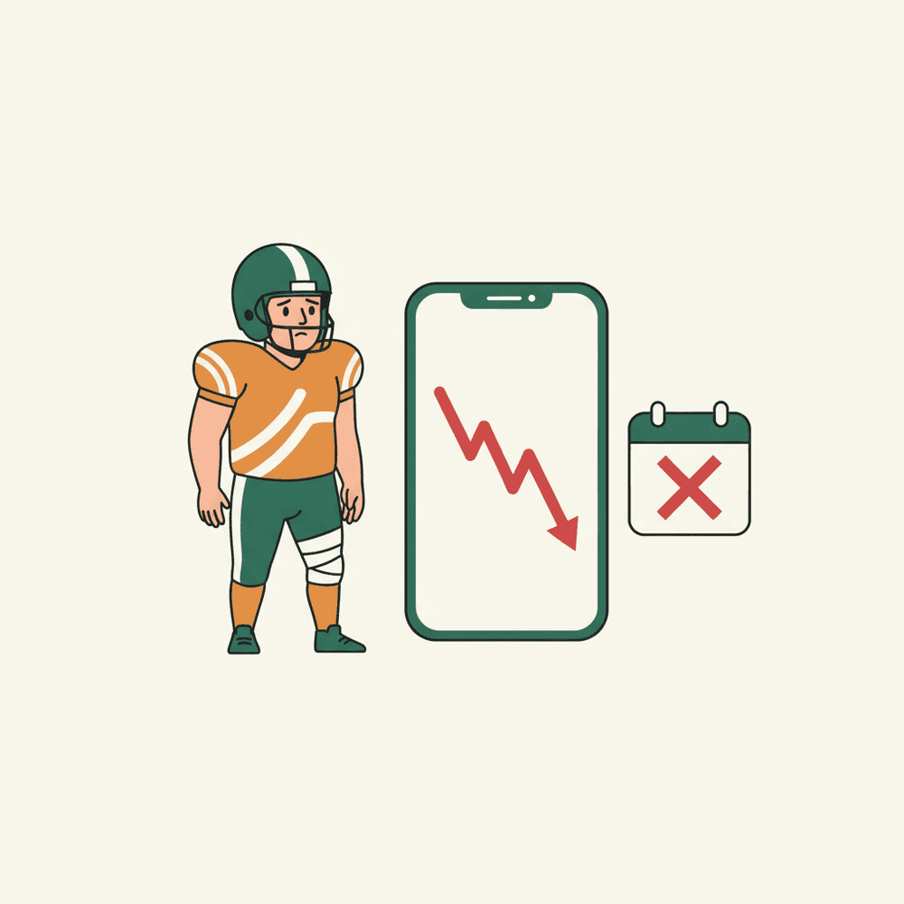 Ilustración plana de un futbolista con venda y un gráfico de precio cayendo en una app de fantasy