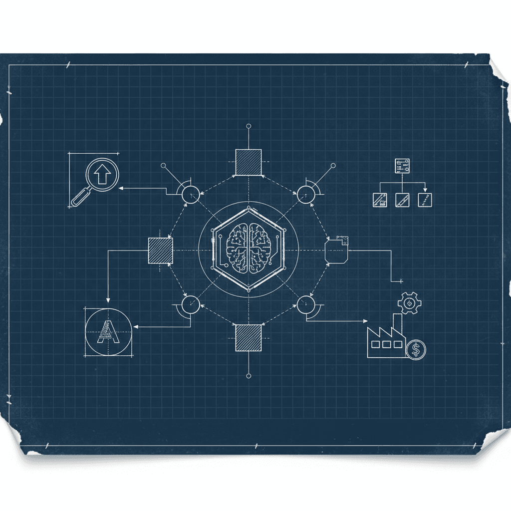 Ilustración conceptual de un modelo de inteligencia artificial conectado a procesos de negocio en una PYME