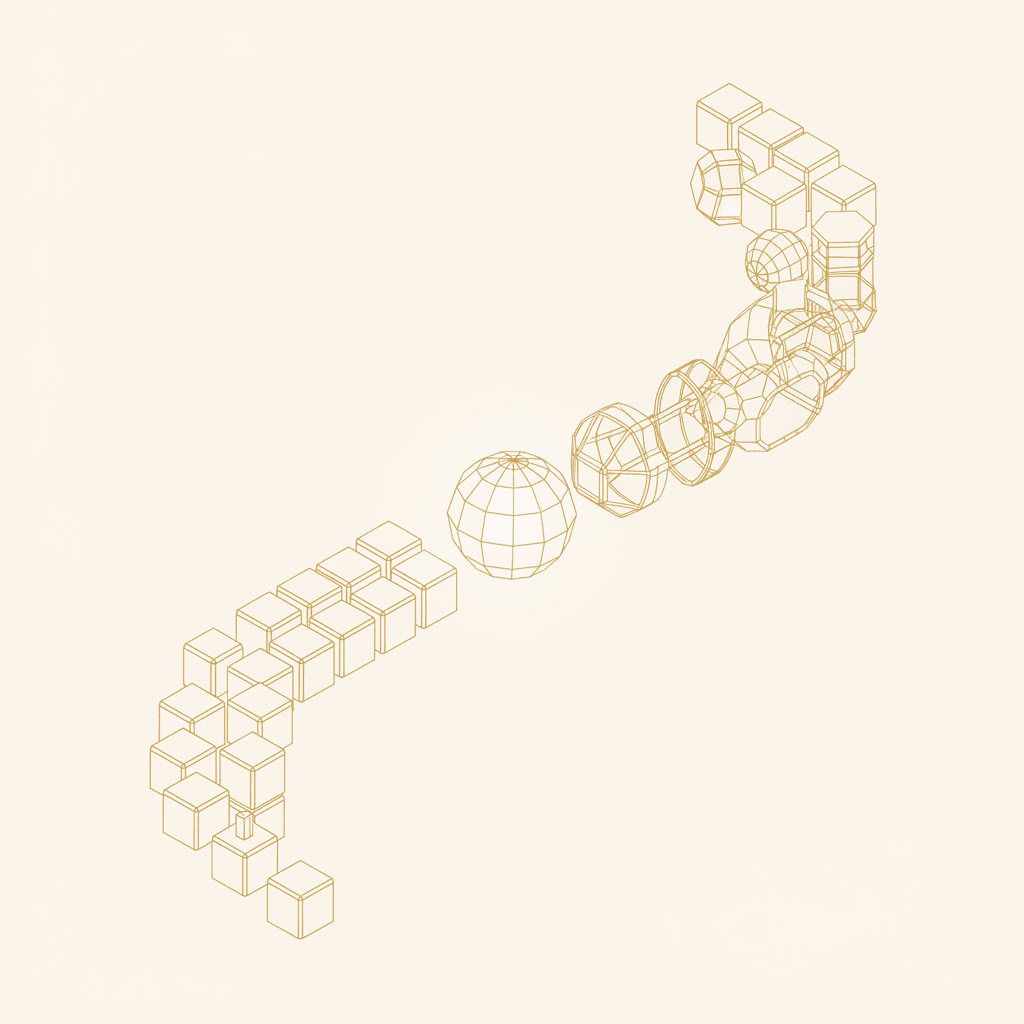 Ilustración minimalista con líneas doradas formando dos caminos isométricos que convergen, representando la elección entre no-code y desarrollo a medida
