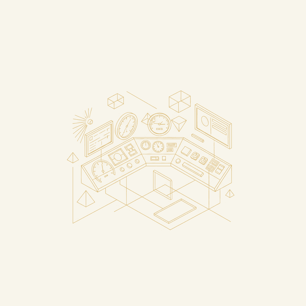 Ilustración minimalista con líneas doradas formando un panel de control isométrico con nodos conectados, representando visibilidad y control en automatización