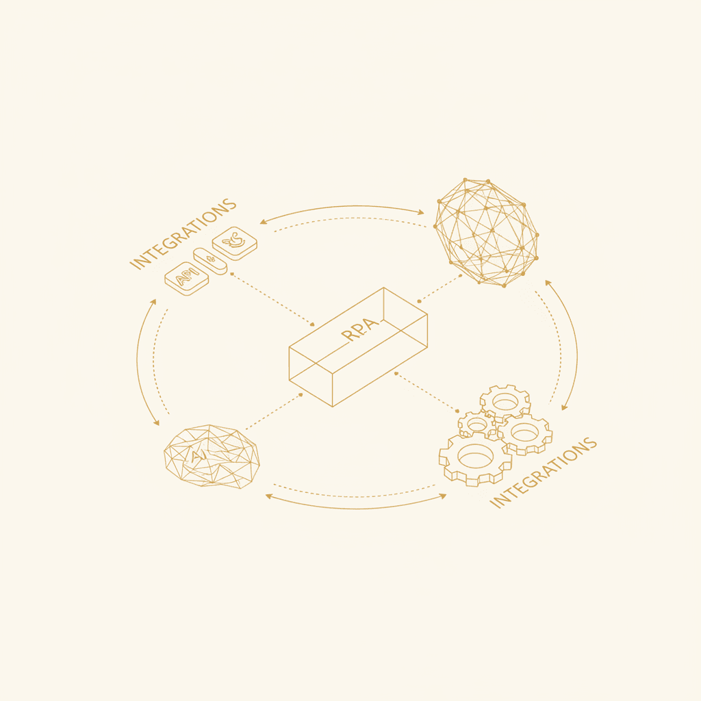 Diagrama de herramientas de automatización conectadas: RPA, IA e integraciones formando un flujo de trabajo unificado