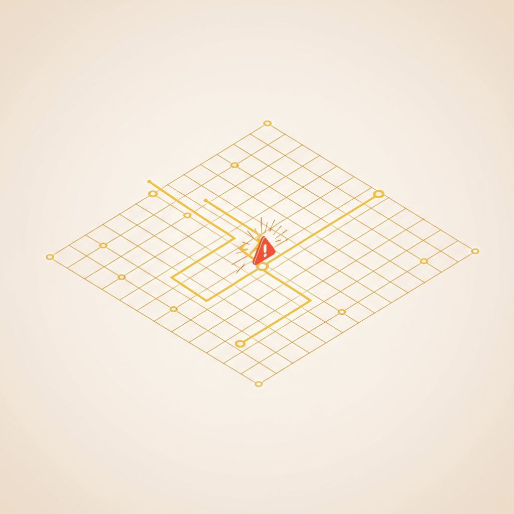 Ilustración minimalista con líneas doradas formando un circuito isométrico con un nodo de alerta, representando la detección de errores en automatización