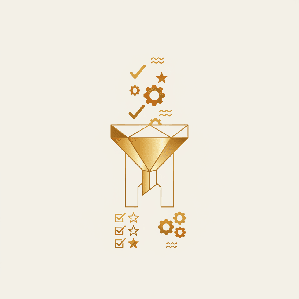 Ilustración abstracta con un embudo dorado filtrando tareas automatizables y no automatizables