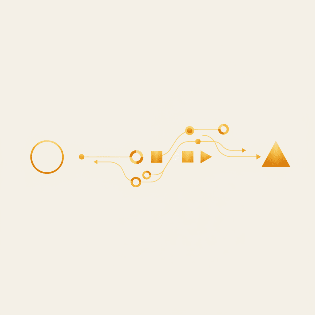 Ilustración abstracta con una línea de tiempo dorada mostrando las fases de implementación de automatización